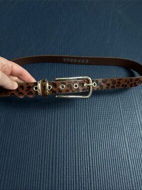 Express Leopard-Print Faux Leather Belt in Brown and Black with Gold Buckle, Med